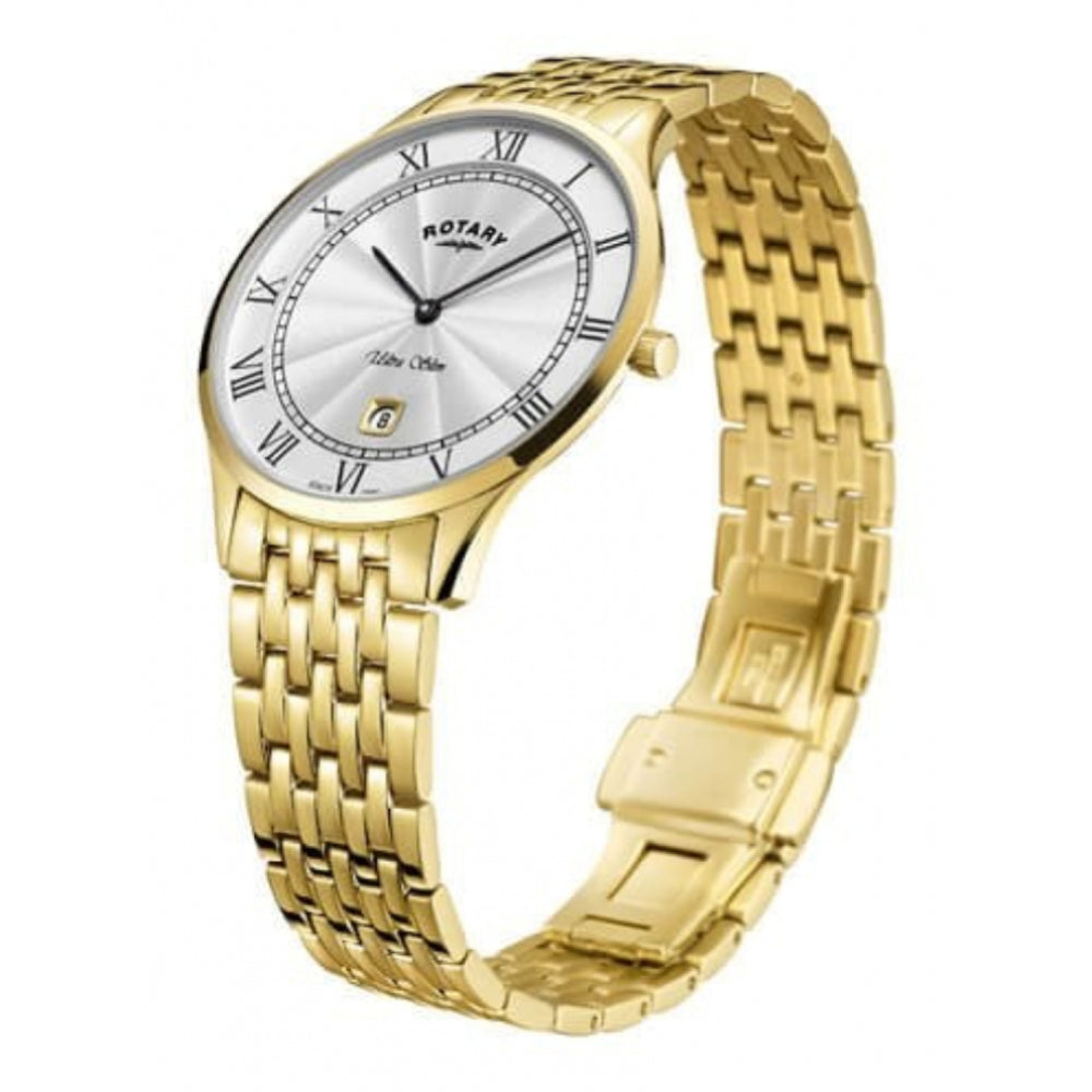 Ultra Slim White Face Gold Tone Stainless Steel Bracelet Strap Gents Watch