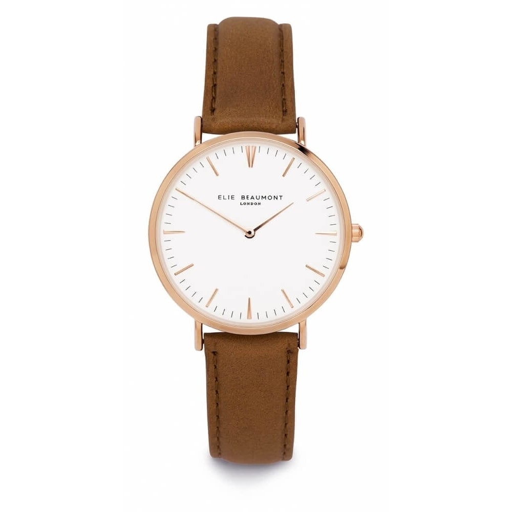 Tan Leather Rose Plated Watch with White Dial