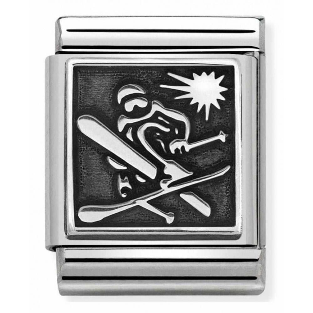 Composable Oxidized Skier Trick Symbol Stainless Steel And Sterling Silver Big Charm