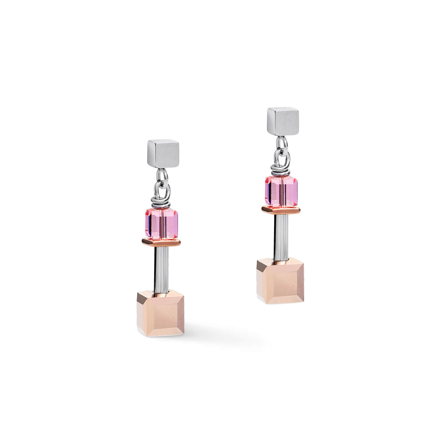 Rose Gold-Silver Geo Cubes With Multicolour Art Nouveau Steel Earrings With Stickpin