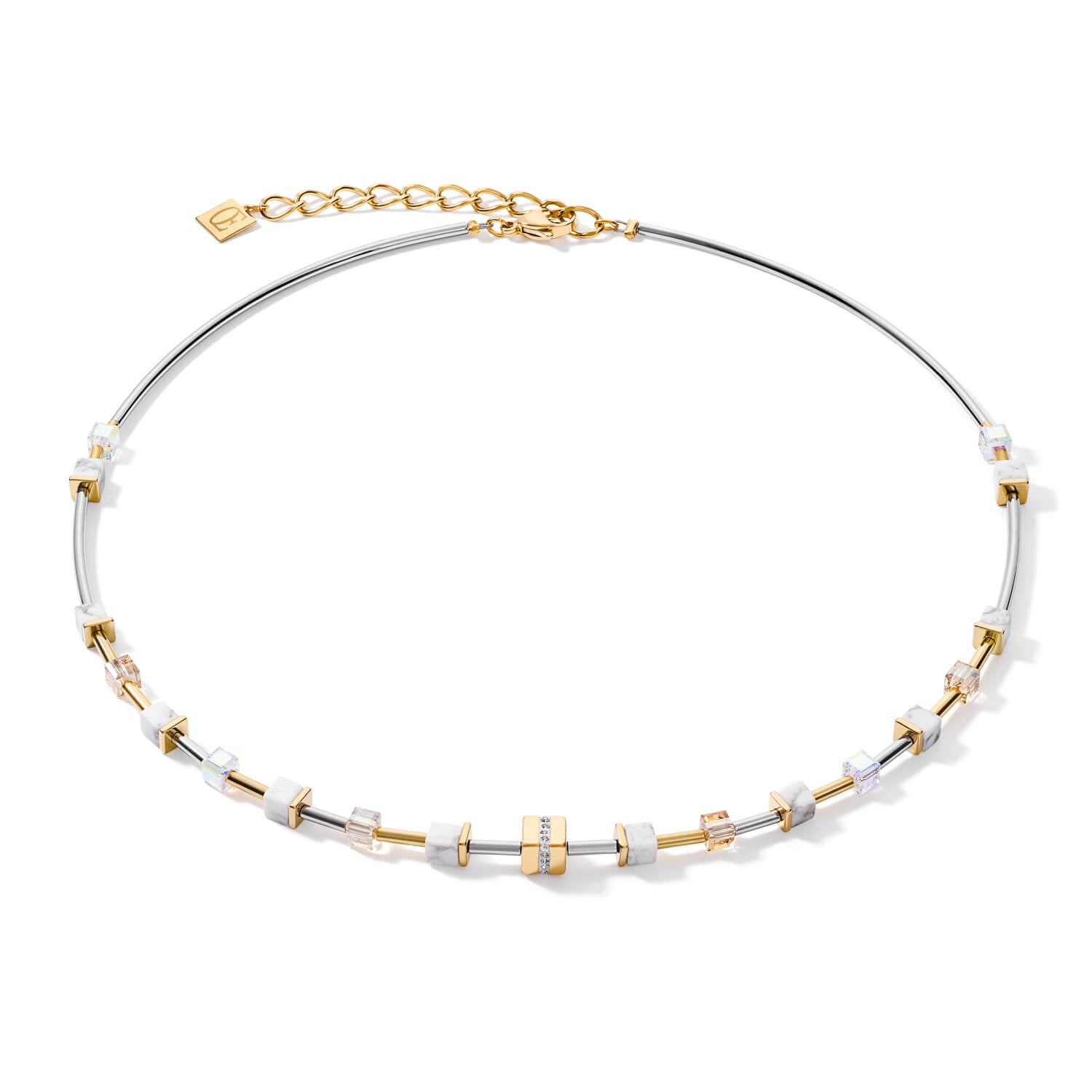 Small Gold -White-Silver Geo Cube With Crystals Pave Necklace