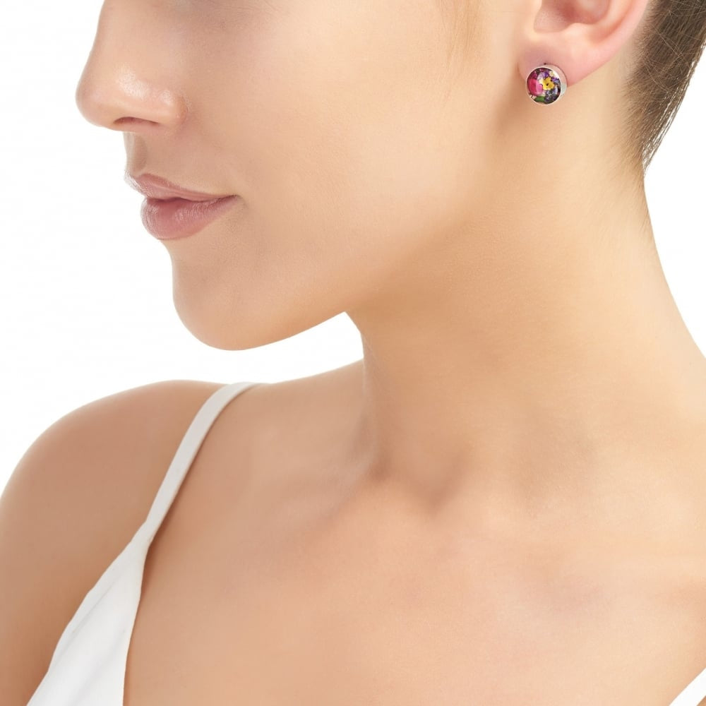 Silver Stud Earrings - Mixed Flower, Yellow - Small Round