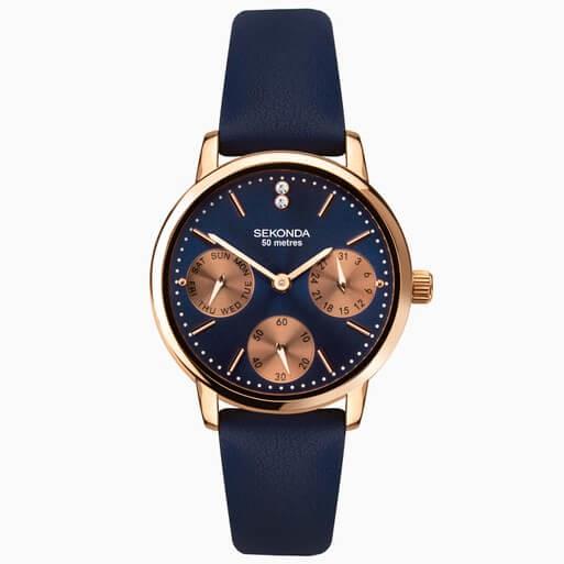 Rose Gold Case With Blue Dial & PU Strap Ladies Classic Watch