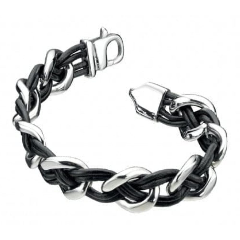Gents Stainless Steel & Black Woven Leather Bracelet