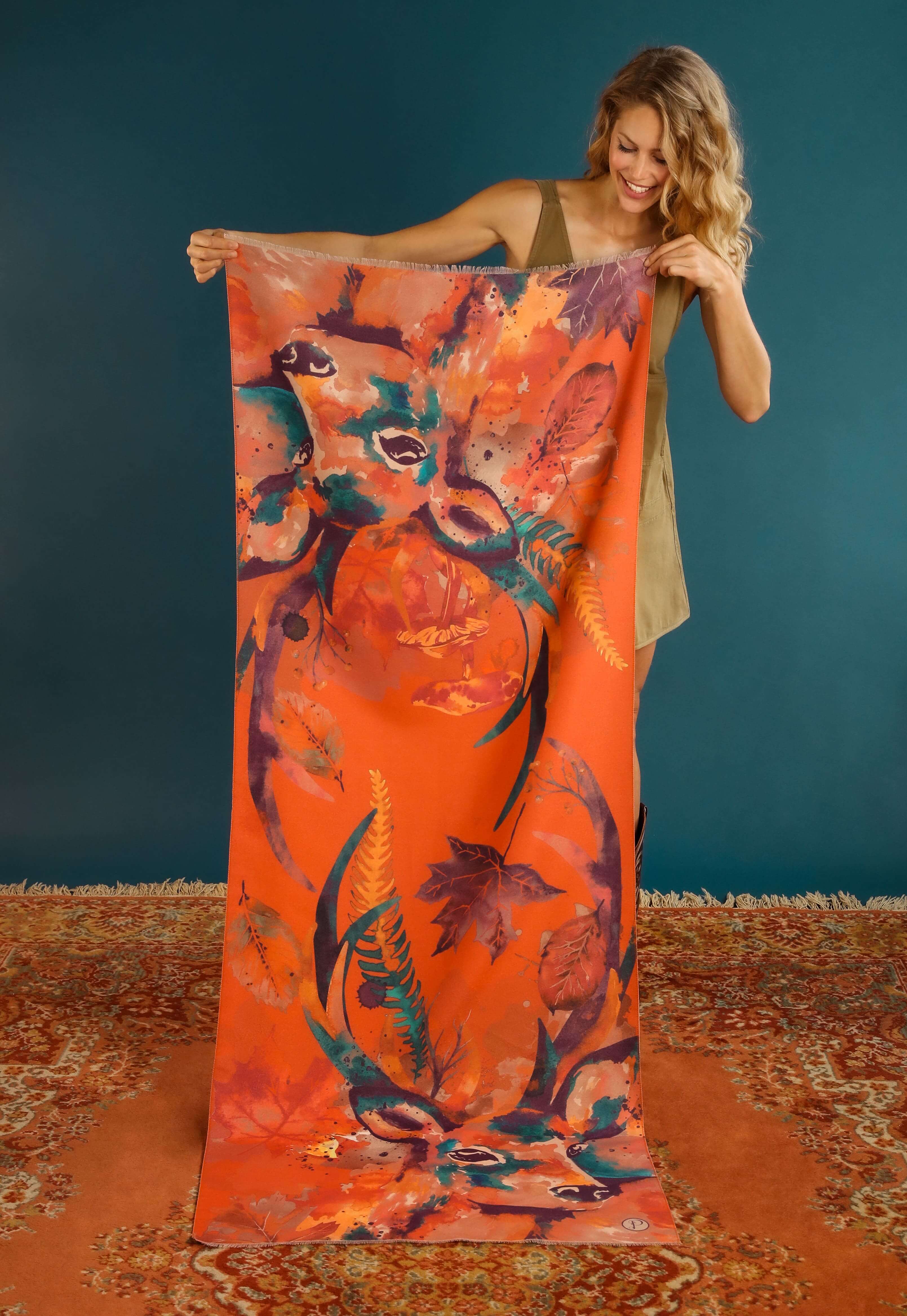 Tangerine Floral Stag Luxurious Scarf