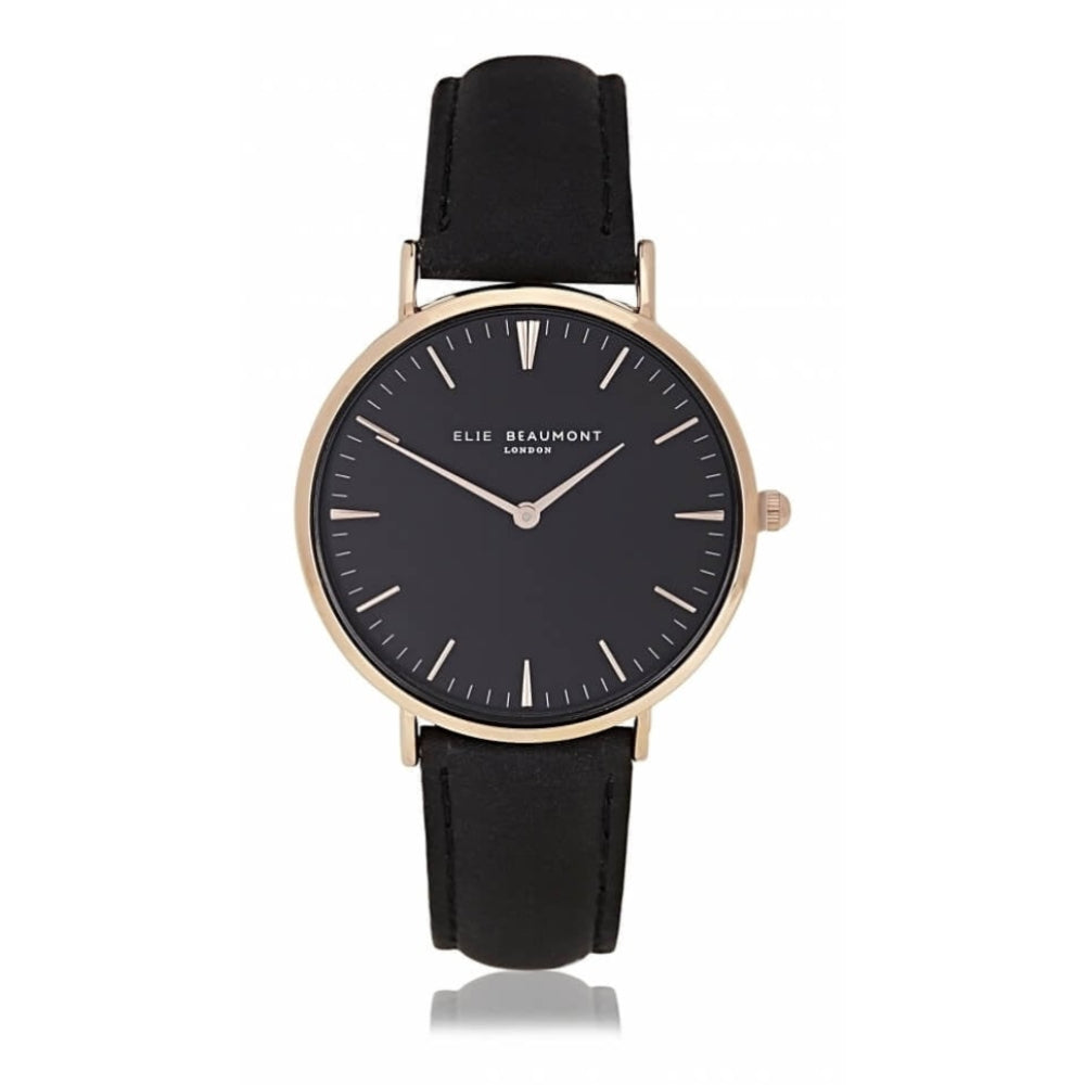 Black Leather Rose Gold Plated Watch with Black Dial