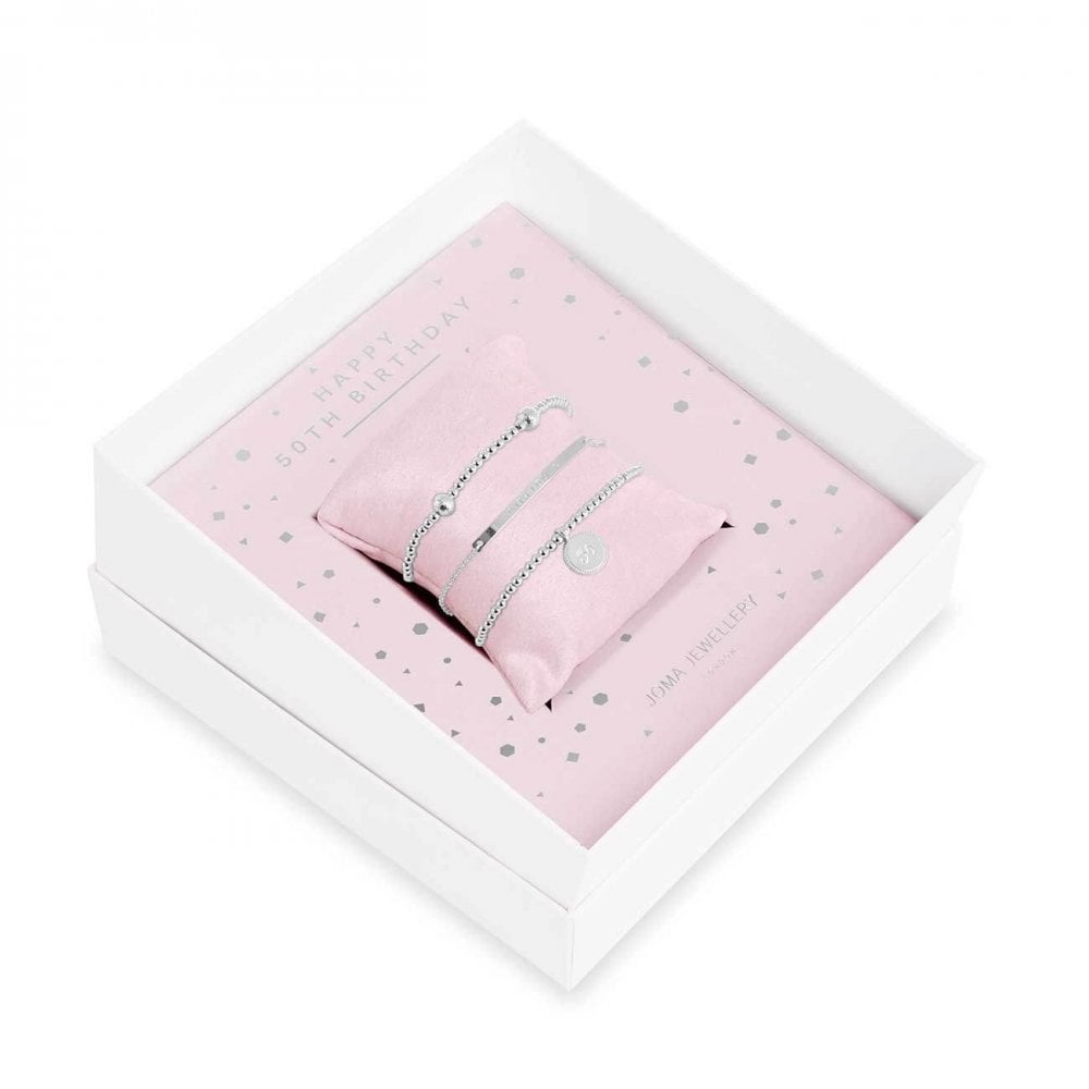 Occasion Gift Box | Happy 50th Birthday | Silver | Bracelets | X2 Bracelet 17.5cm Stretch X1 Bracelet 20cm