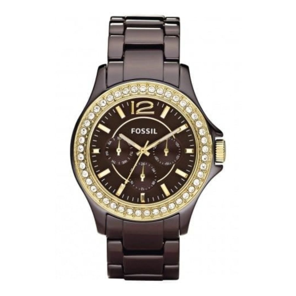 Ladies Brown Ceramic Crystalised Bracelet Watch