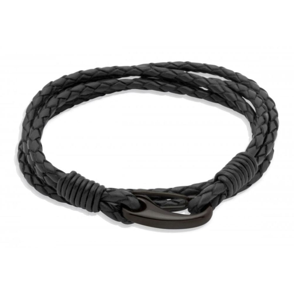 Black Leather Bracelet With Steel Ip-Black Shrimp Clasp