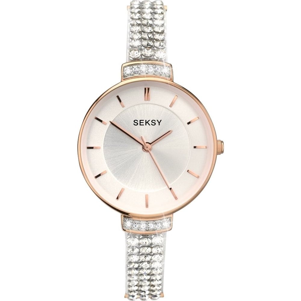 Rose Gold Plated Stainless Steel Dial & Silver Stone Strap Ladies Wristwatch