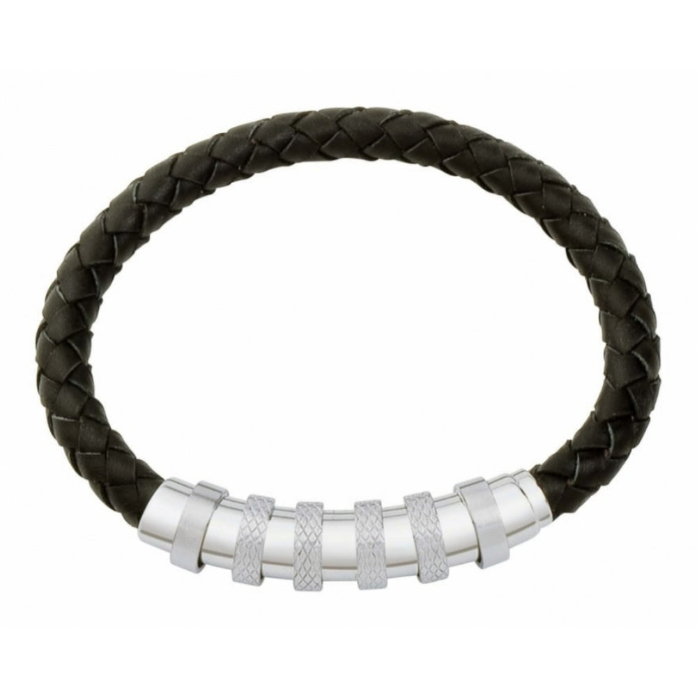 Black Leather Adjustable Gents Bracelet With Polished Stainless Steel & Pattern