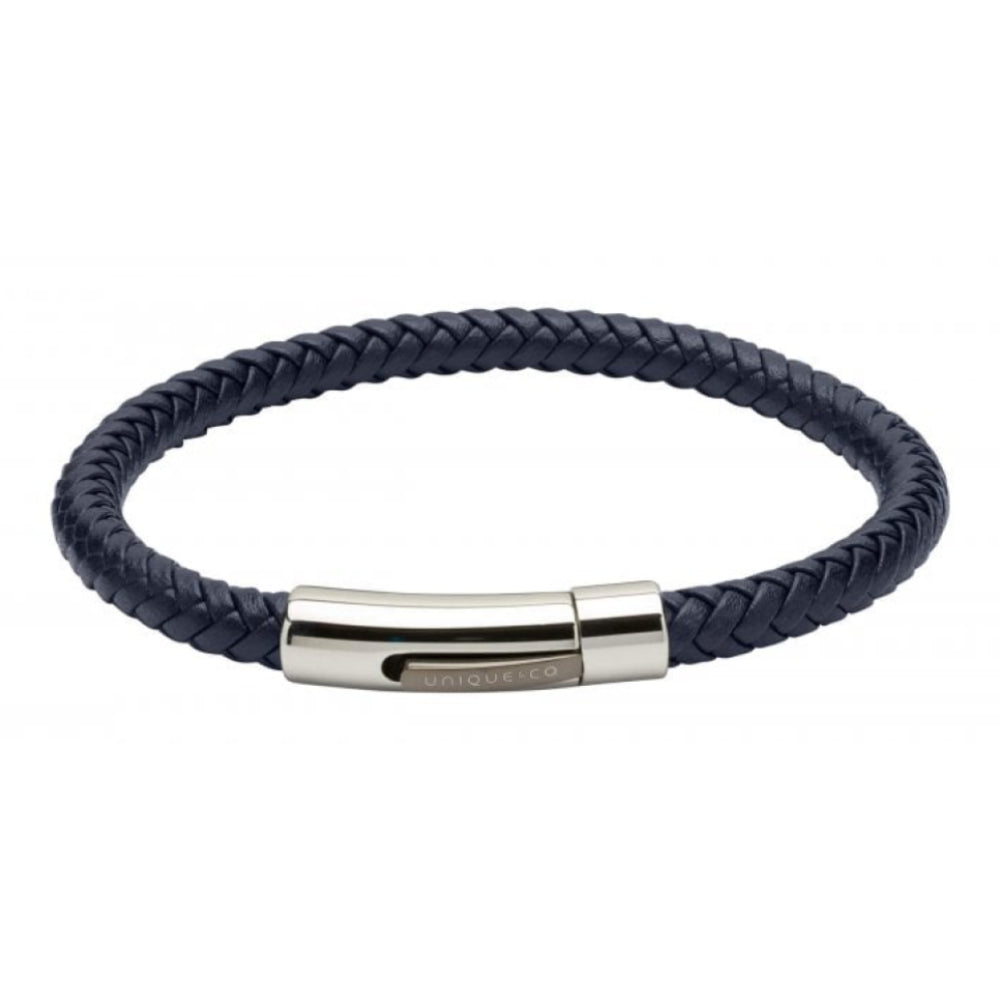 Blue Leather Bracelet -Steel Clasp-Gun-Metal I.P. Plating