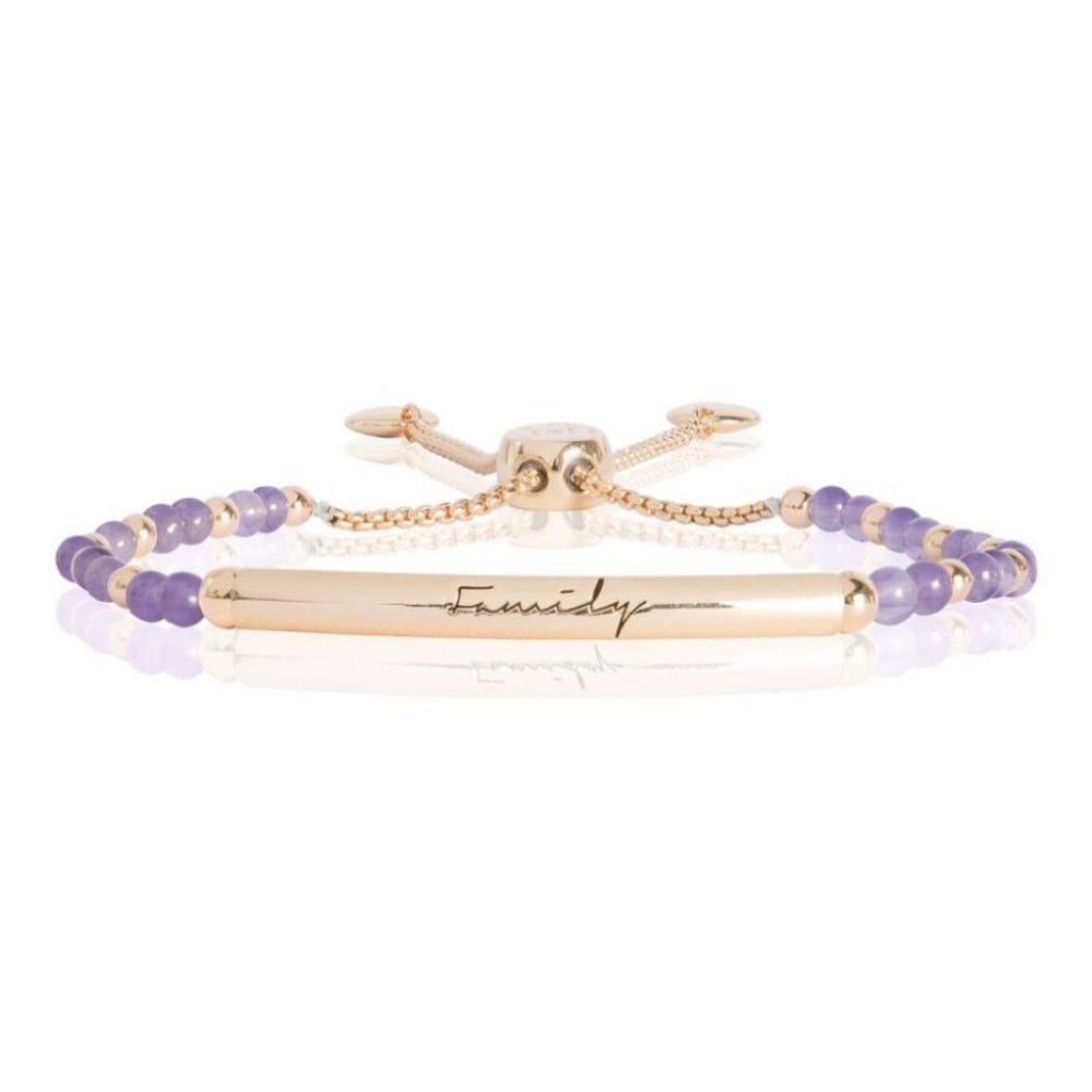 Signature Stones - Family Engraved Yellow Gold Bar With Amethyst Stones- Bracelet