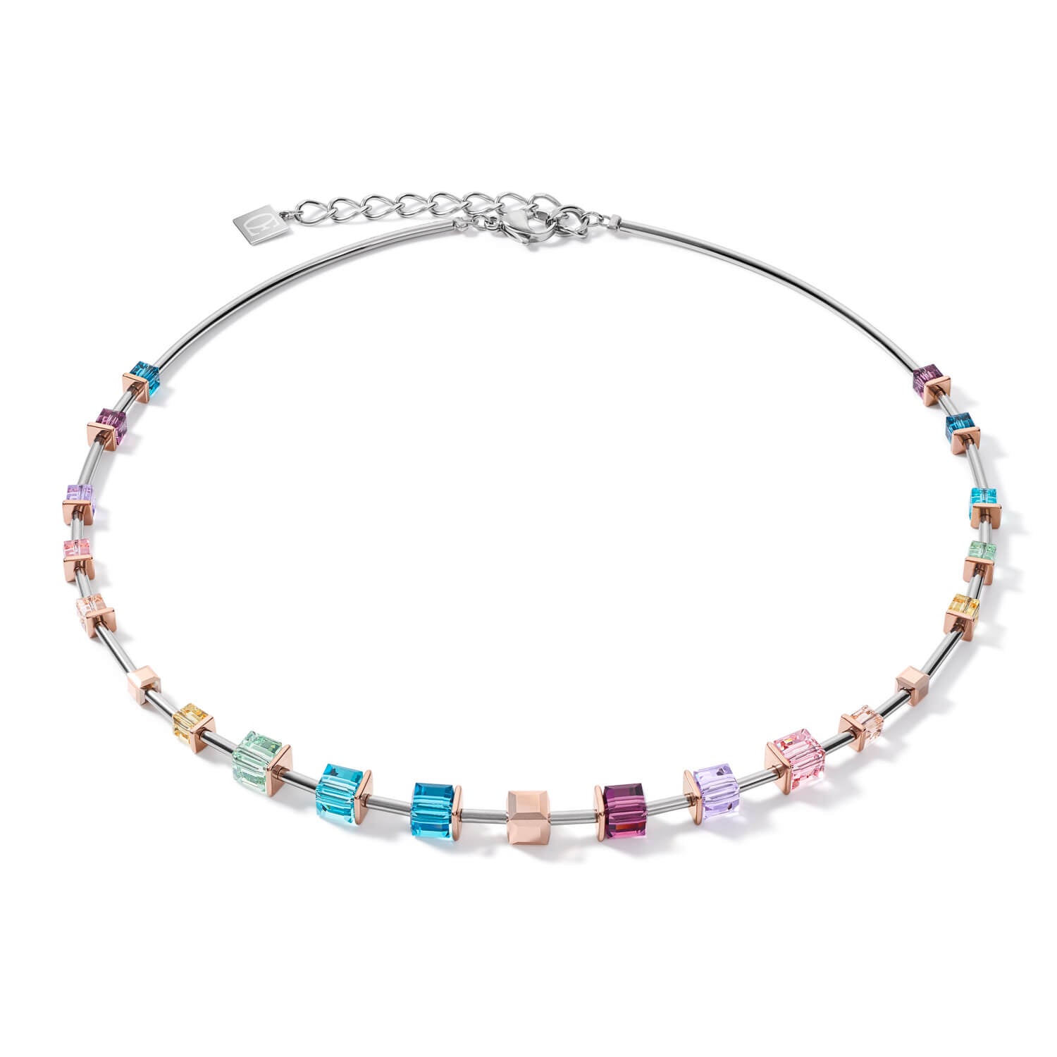 Rose Gold-Silver Geo Cubes With Multicolour Art Nouveau Steel Necklace
