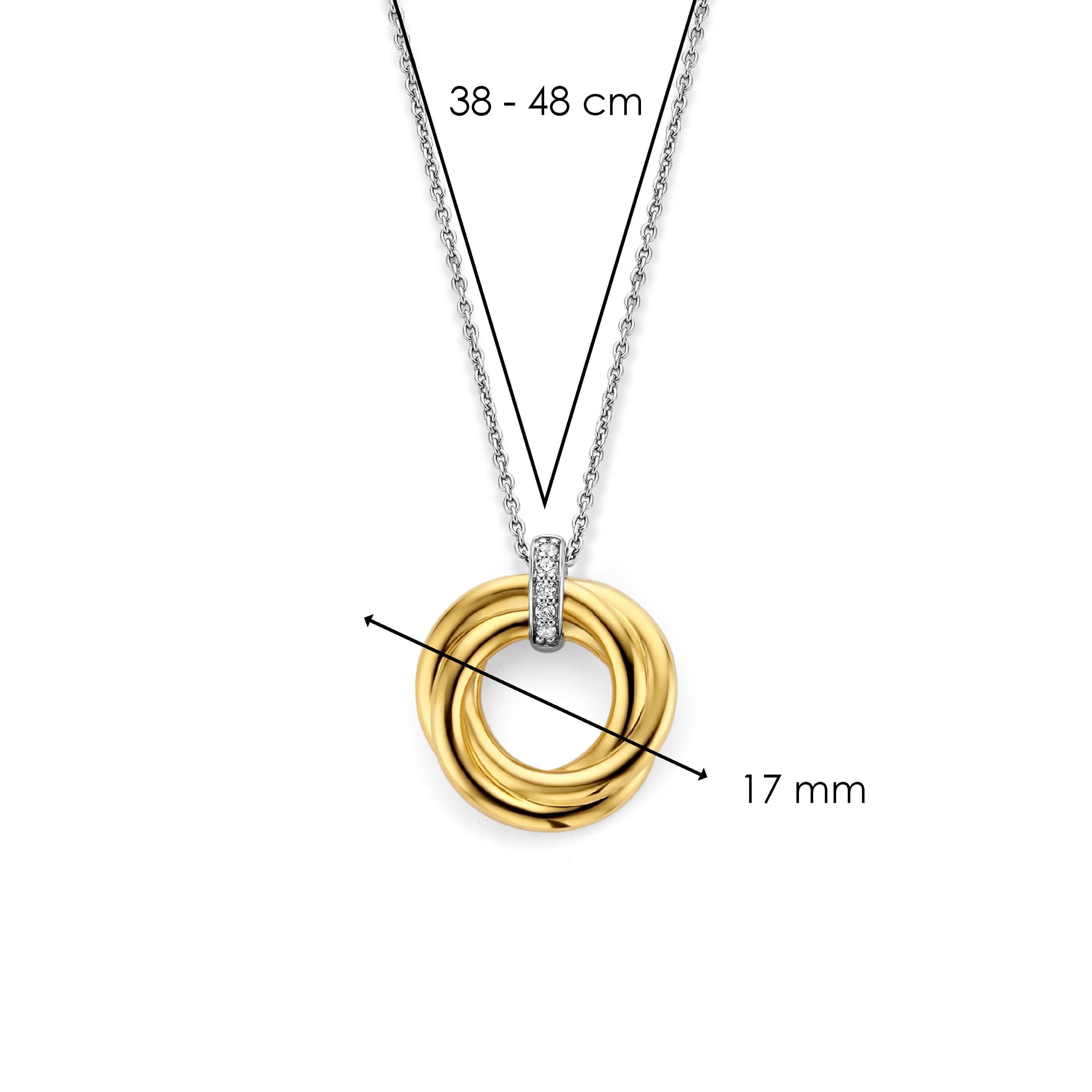 Gold Plated Twisted Lines Circle With CZ Pendant & Silver Chain Necklace