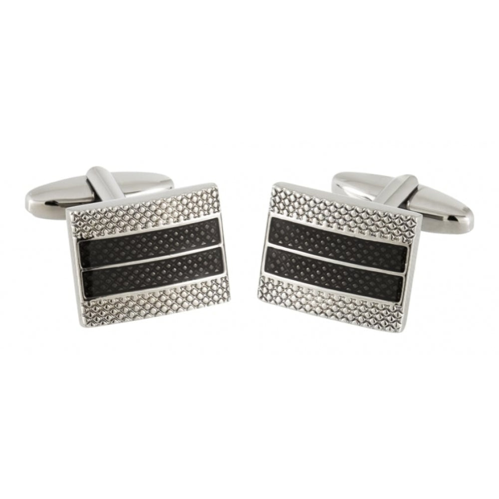 Rectangular Silver Tone & Black Cufflink With Diagonal Lines On Edge