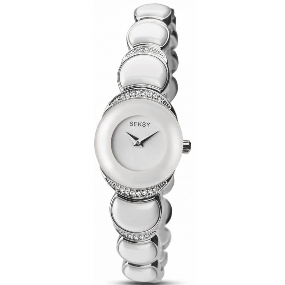 Womens White Ceramic Chrome Watch