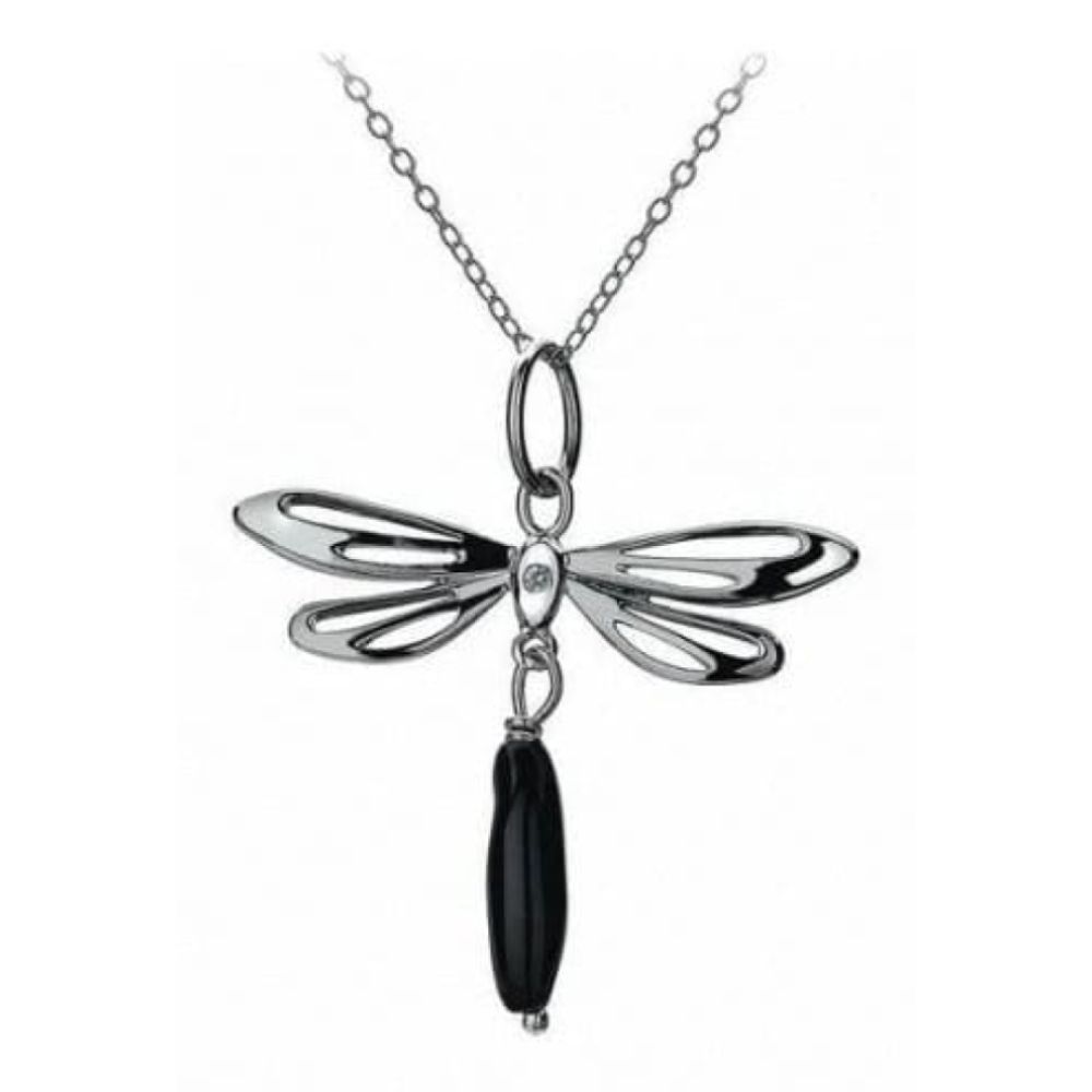 Ladies Gemstone Dragonfly Black Onyx Pendant Necklace