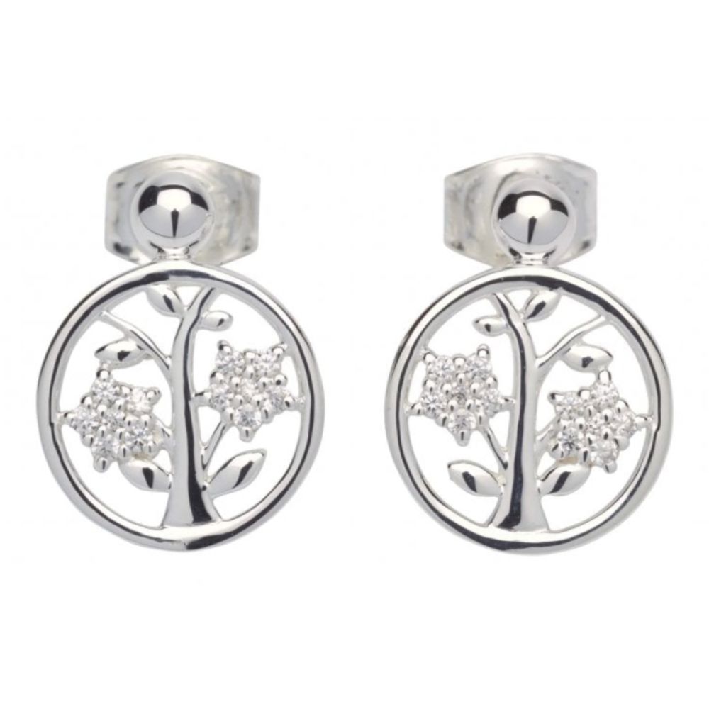 Sterling Silver 925 Earrings With CZ Tree Of Life Circle