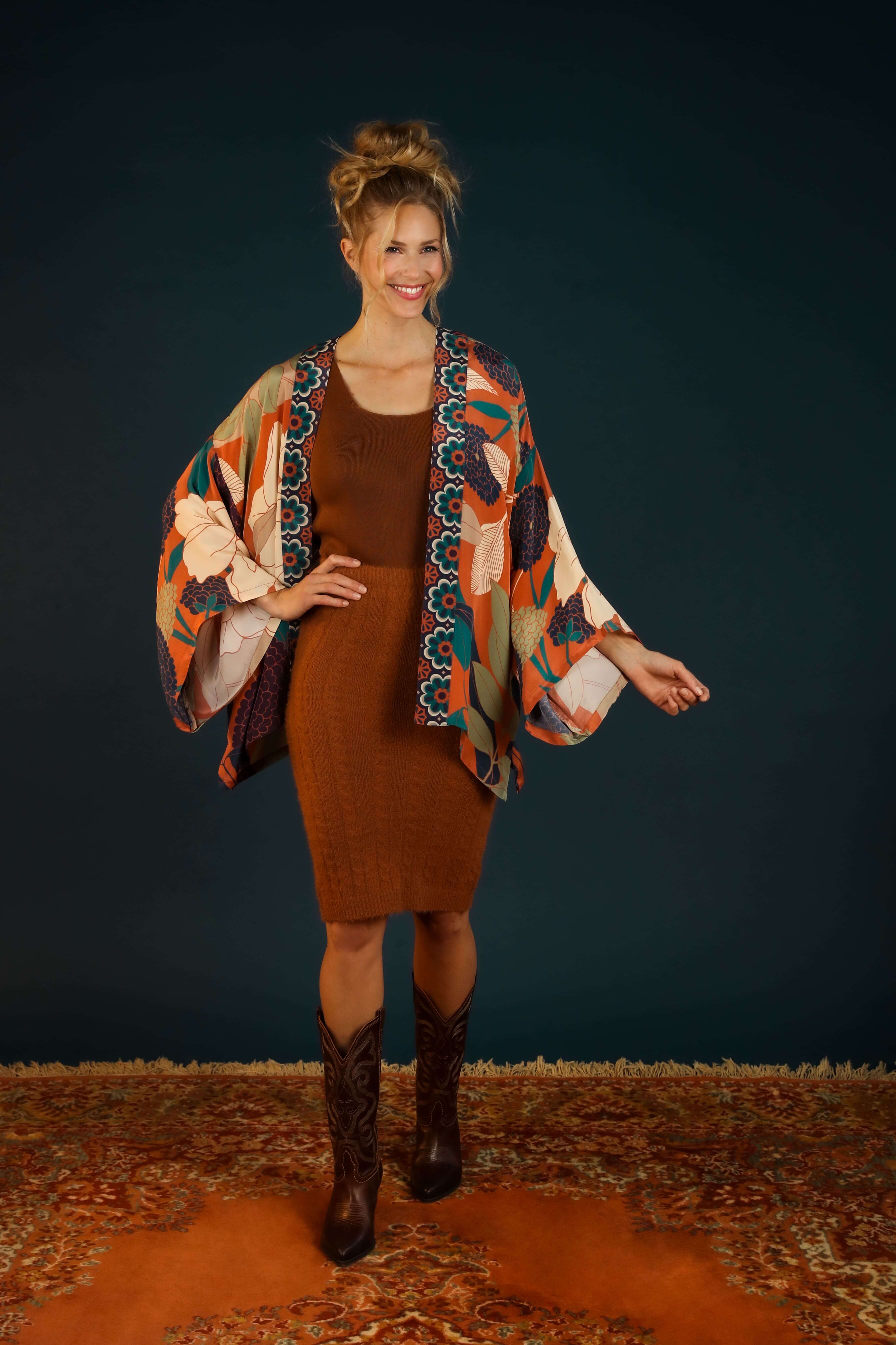 Luxury Kimono Jacket Winter Floral - Terracotta