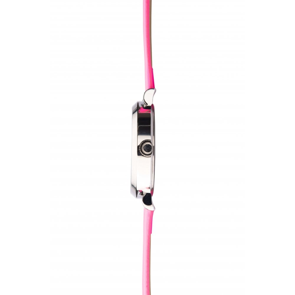 Stainless Steel Stone Set Dial With Neon Pink PU Strap Ladies Watch
