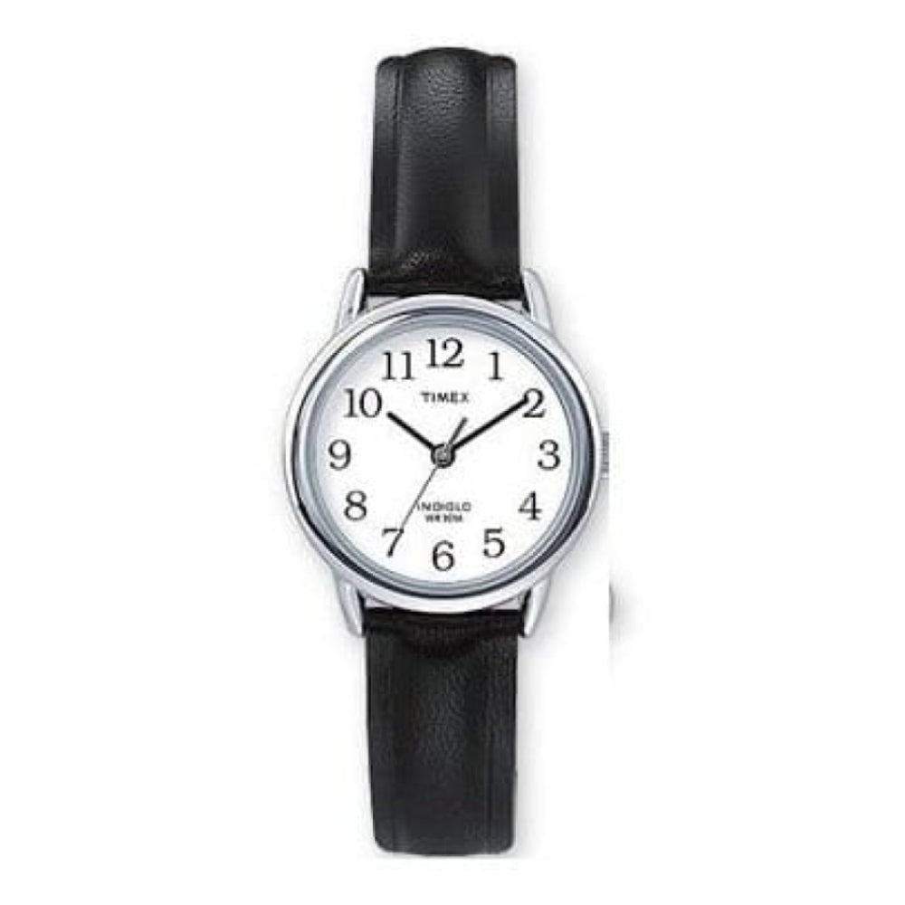 Ladies Polished Stainless Steel Black Leather Wristwatch