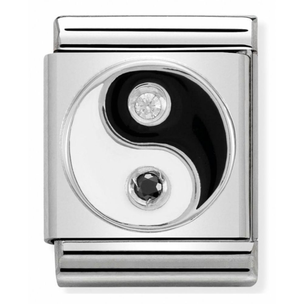 Composable Big Stainless Steel, Sterling Silver, Enamel & Cubic Zirconia Black & White Ying Yang Symbol Charm