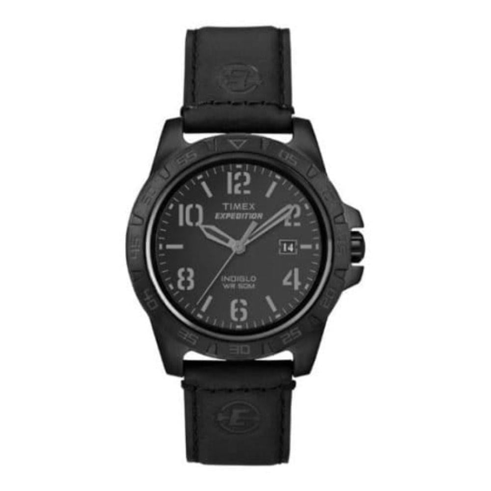 Black Leather & Dial Watch With Quick Date Feature