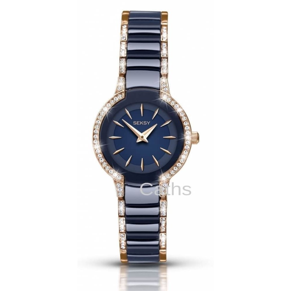Rose Gold Plated Stainless Steel Dial & Blue Strap With Stone Ladies Wristwatch