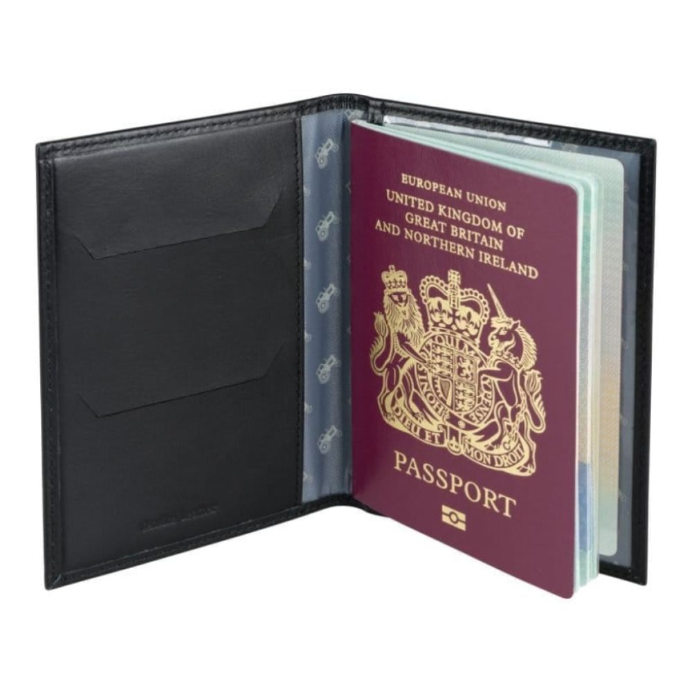 Leather Passport holder with Tractor lining -Black