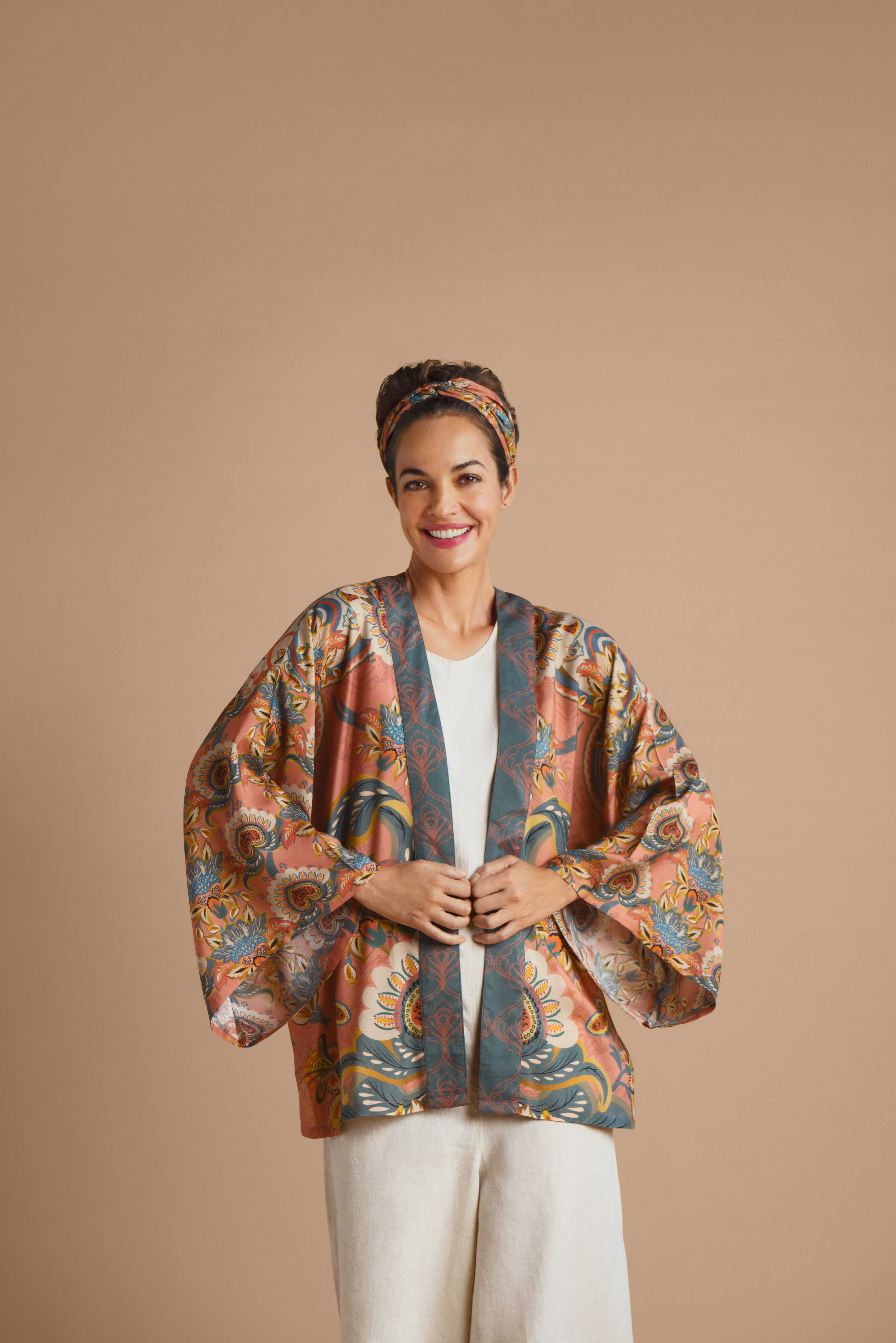Mediterranian Paisley Kimono Jacket - Coral