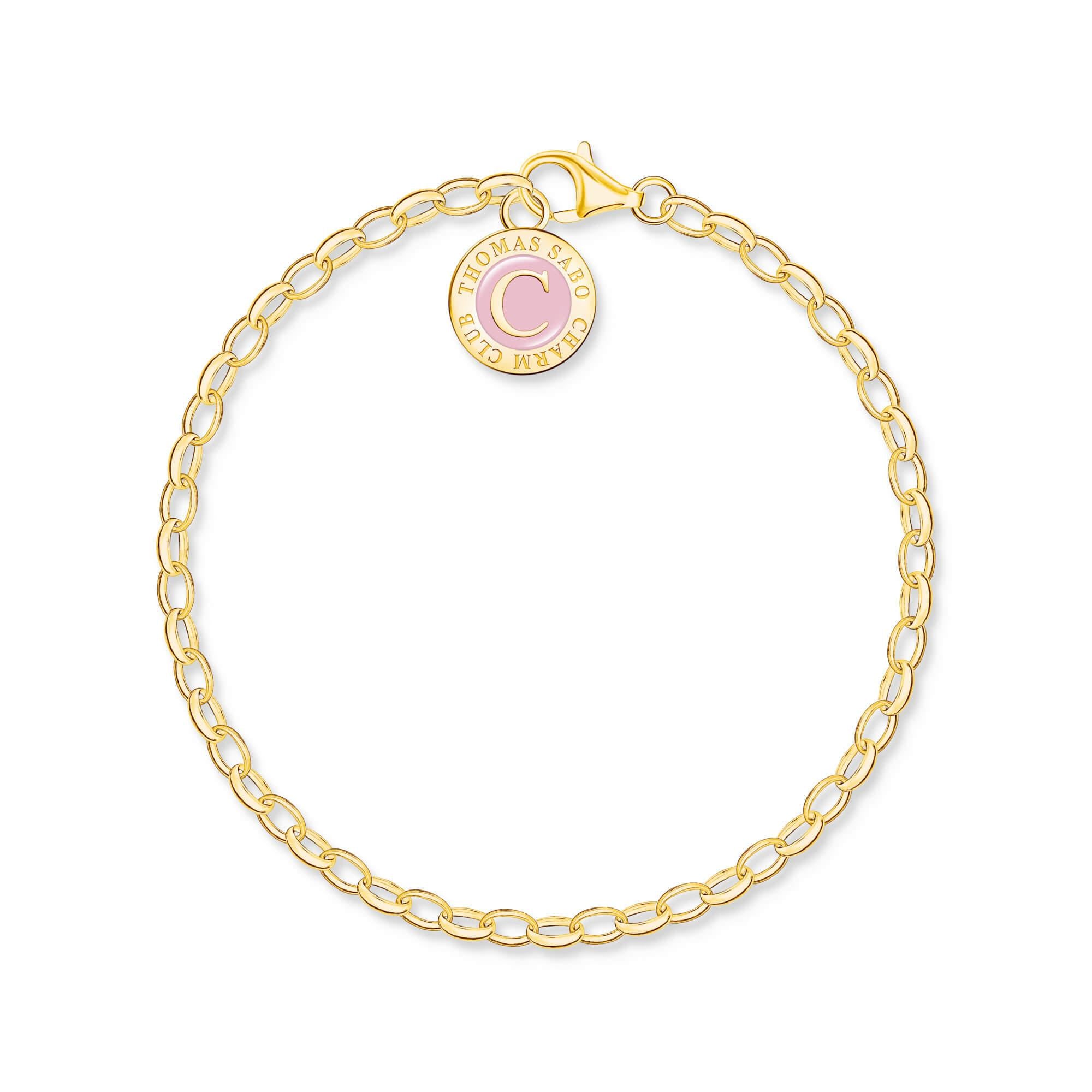 Gold Plated Member Charm Wide Anchor Link Bracelet With Pink Charmista Disc