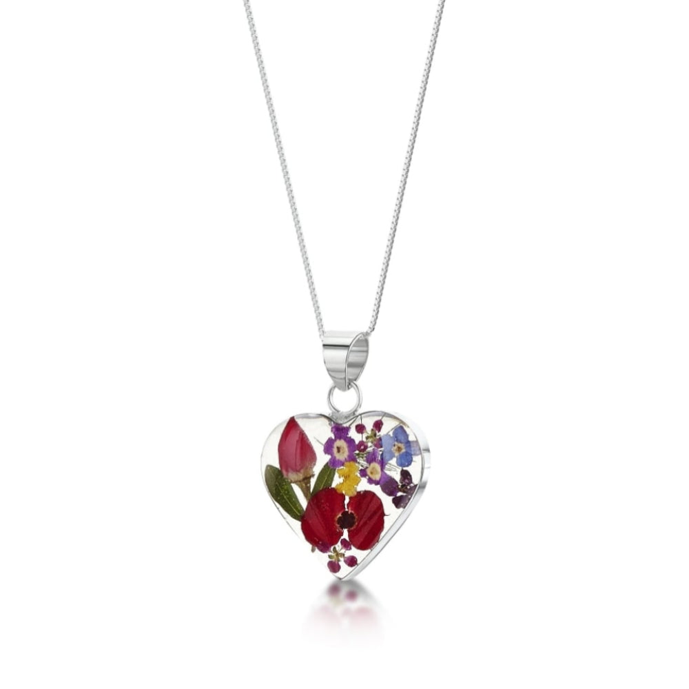 Silver Pendant - Mixed Flowers - Medium Heart