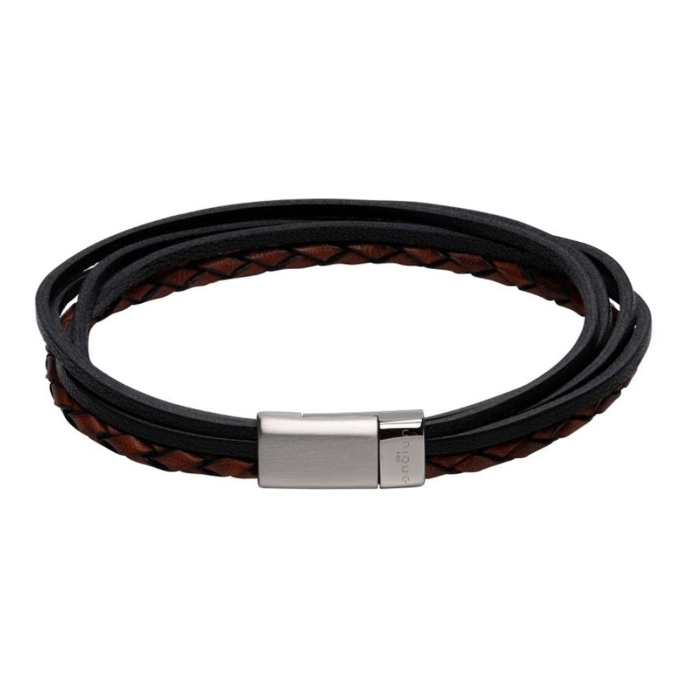 Antique Dark Brown Multistrand Leather Bracelet BL Edge-Mat/Pol Steel Clasp
