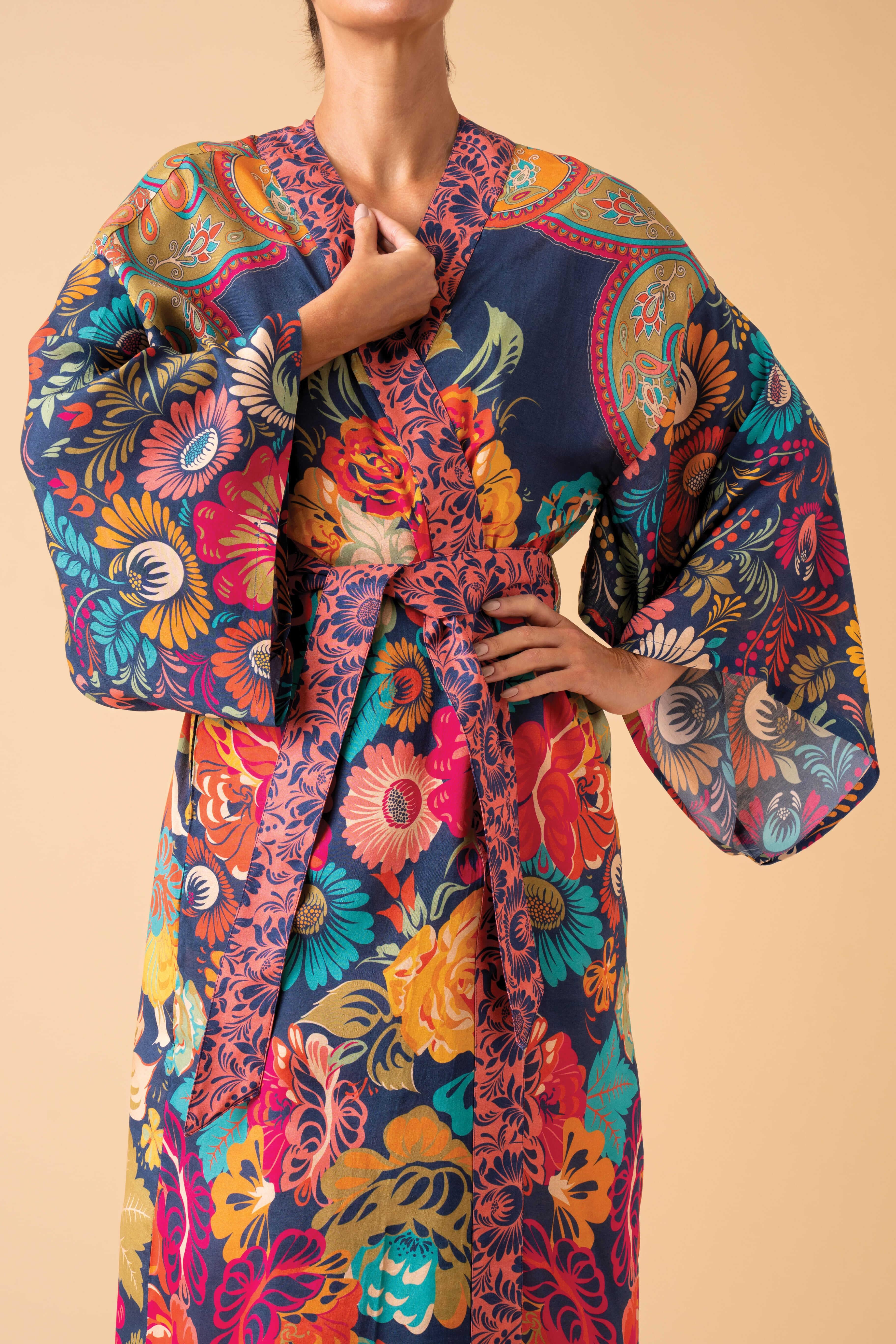 Vintage Floral Kimono Gown- Ink