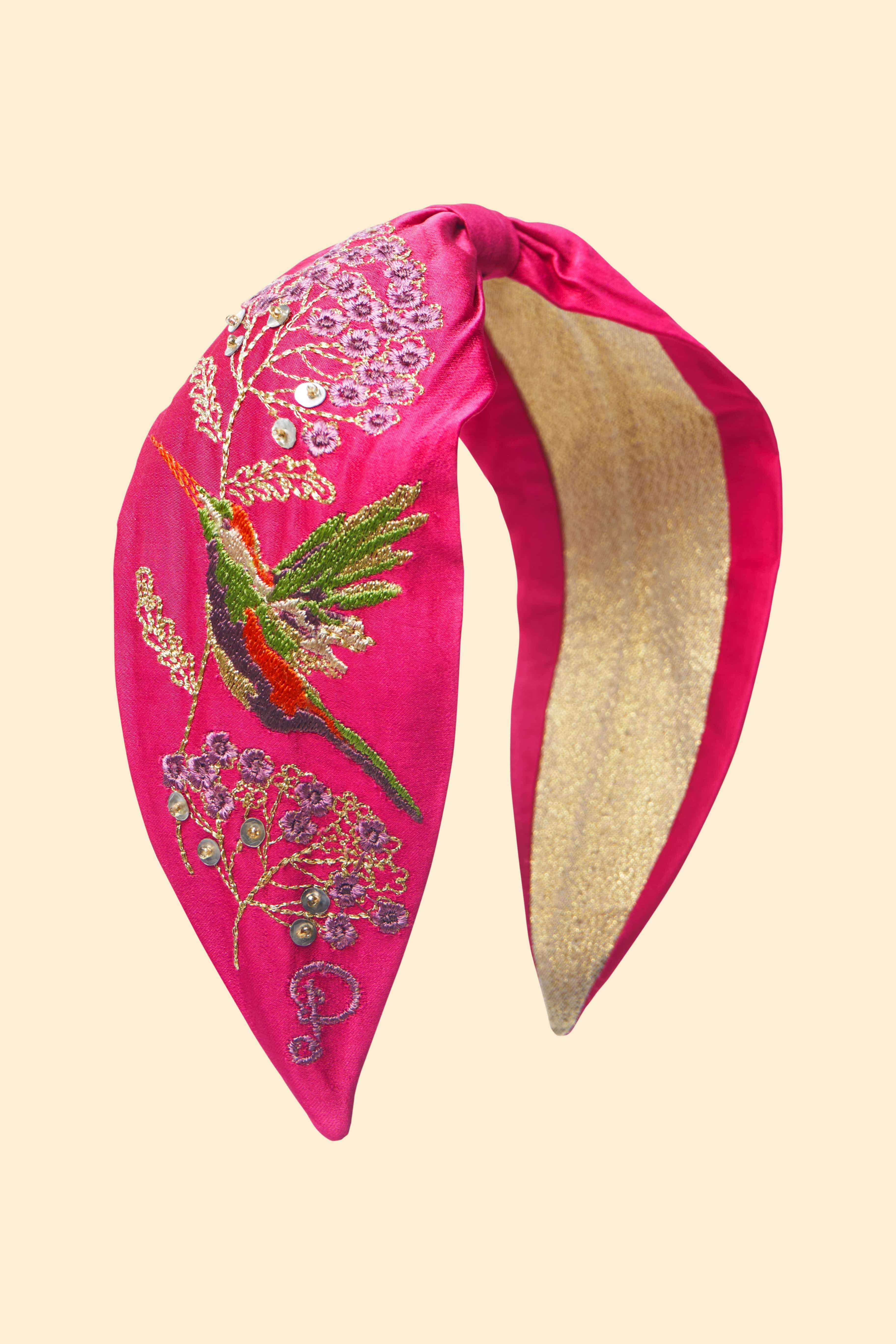 Hummingbird Satin Embroidered Headband - Raspberry