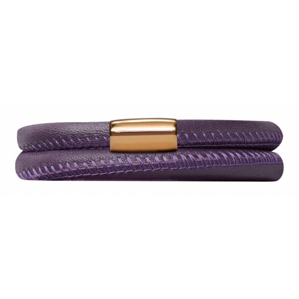 Double Band Purple Leather Bracelet Gold Plated Clasp