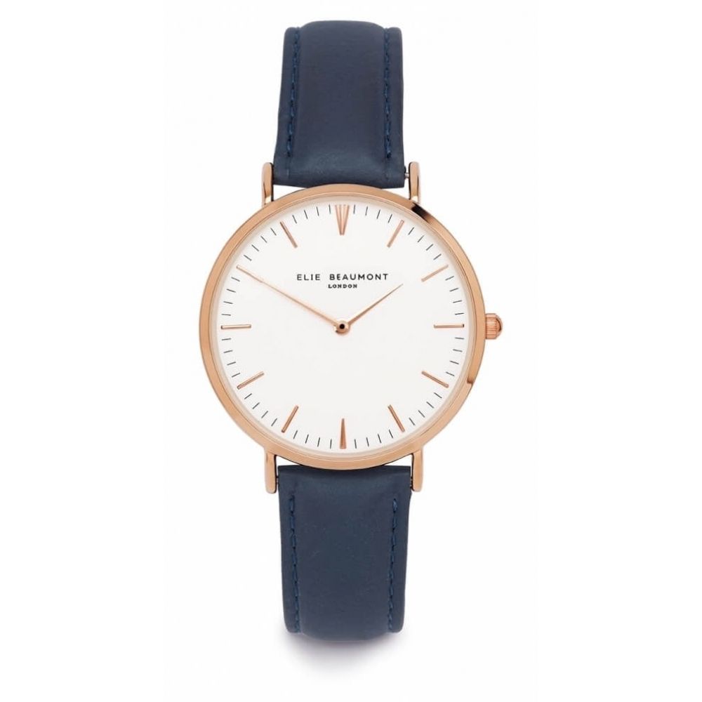 Blue Leather Rose Plated Watch with White Dial