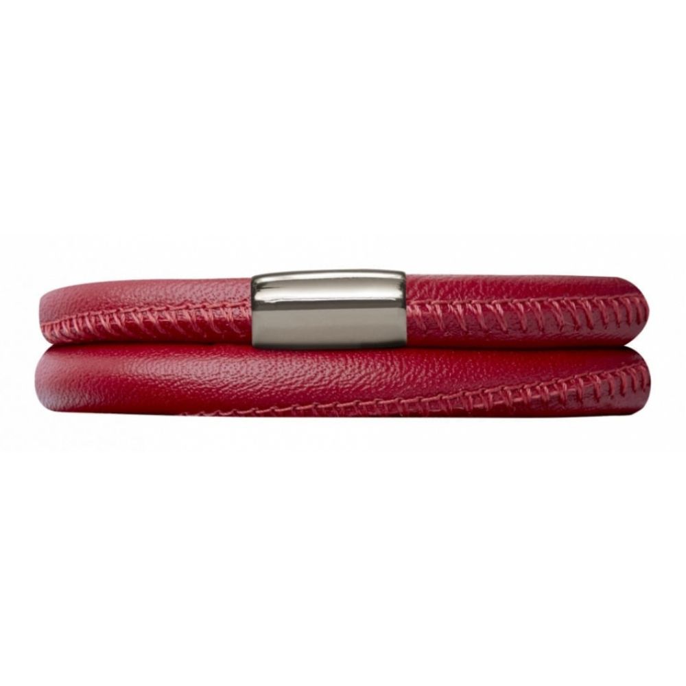 Red Leather Double Band Bracelet Stainless Steel