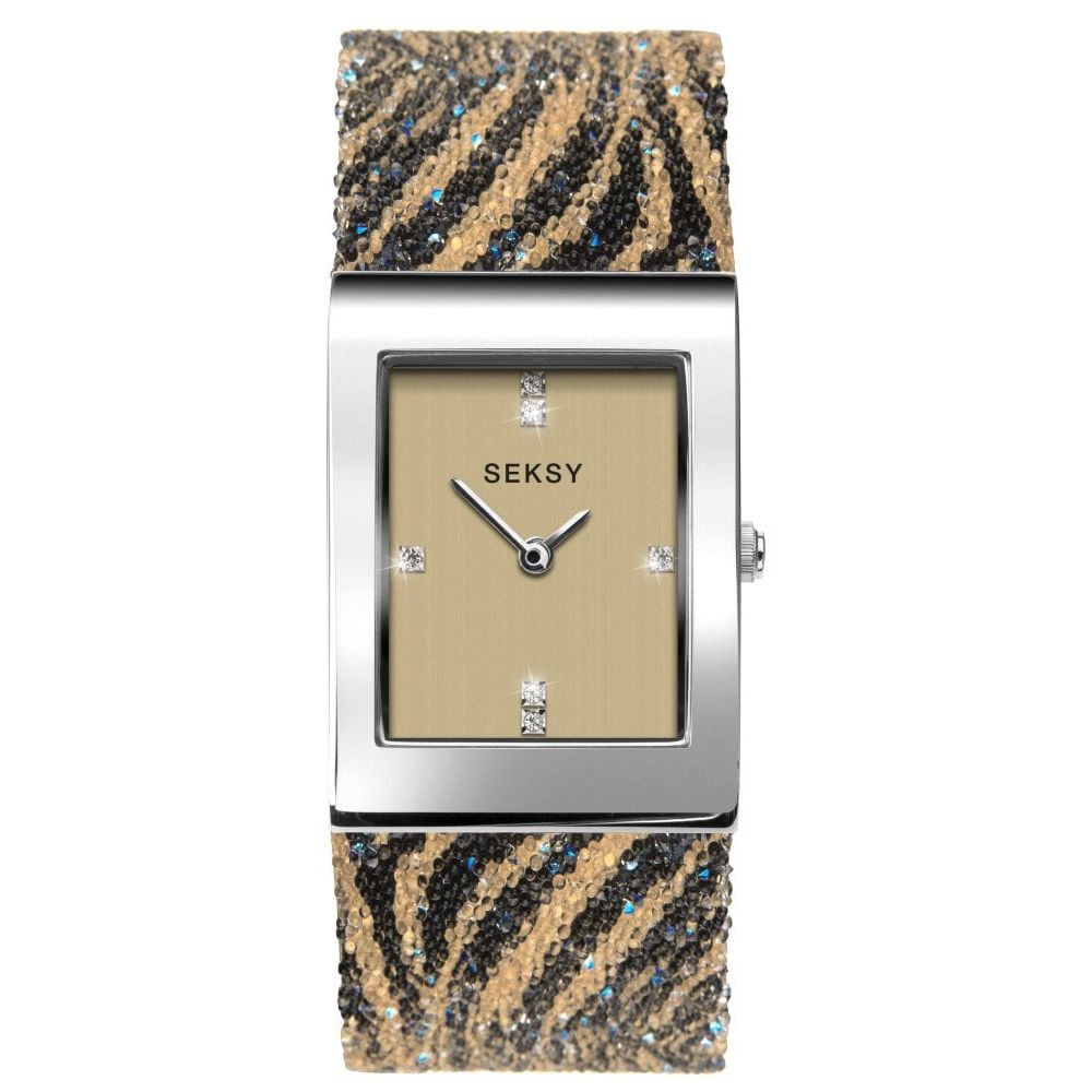 Chrome Coloured Case With Champagne Stone Set Dial & Tiger Print Strap Ladies Watch