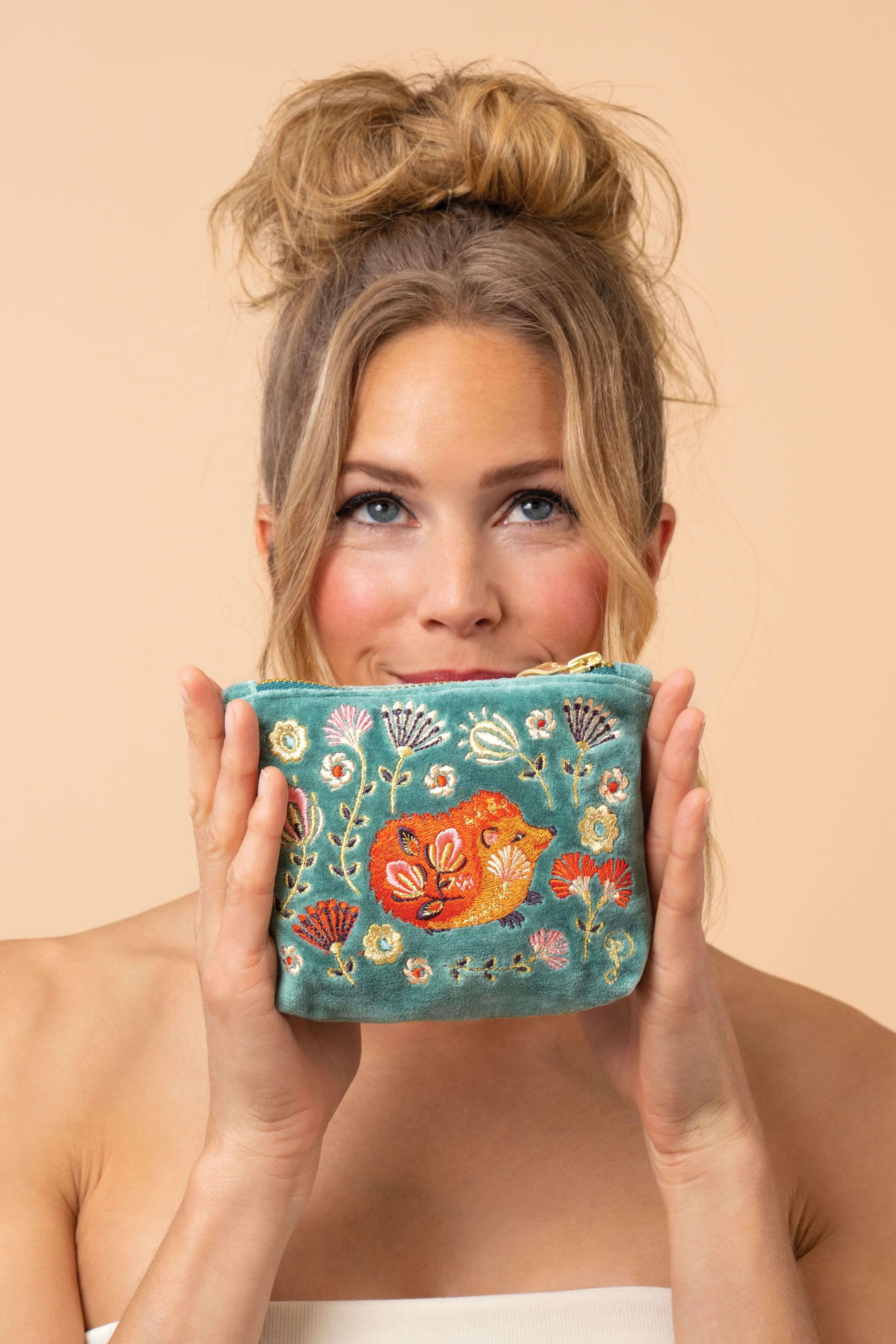 Folk Art Hedgehog Velvet Mini Pouch - Aqua