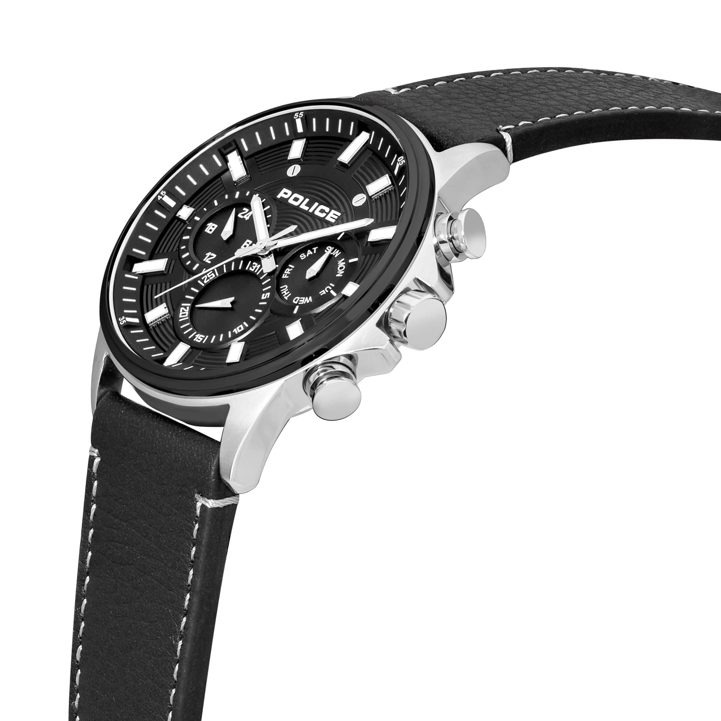 KISMET SS Multifunction Dial With Black Leather Strap Watch