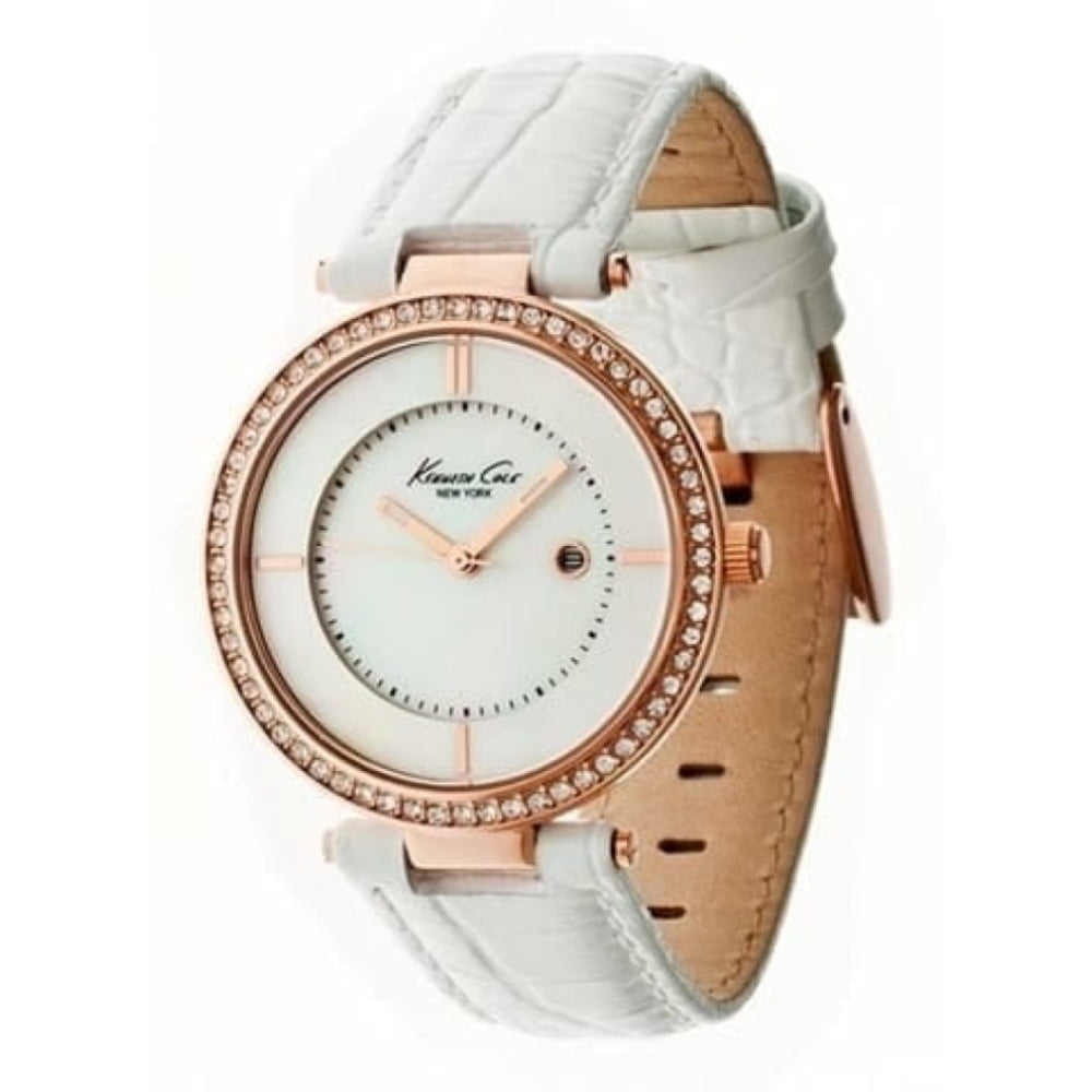 Womens white and rose gold leather watch