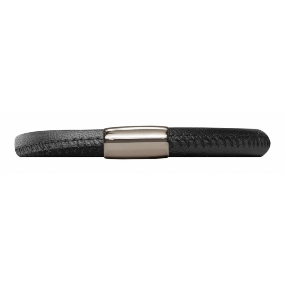 Single Band Black Leather Stainless Steel Bracelet