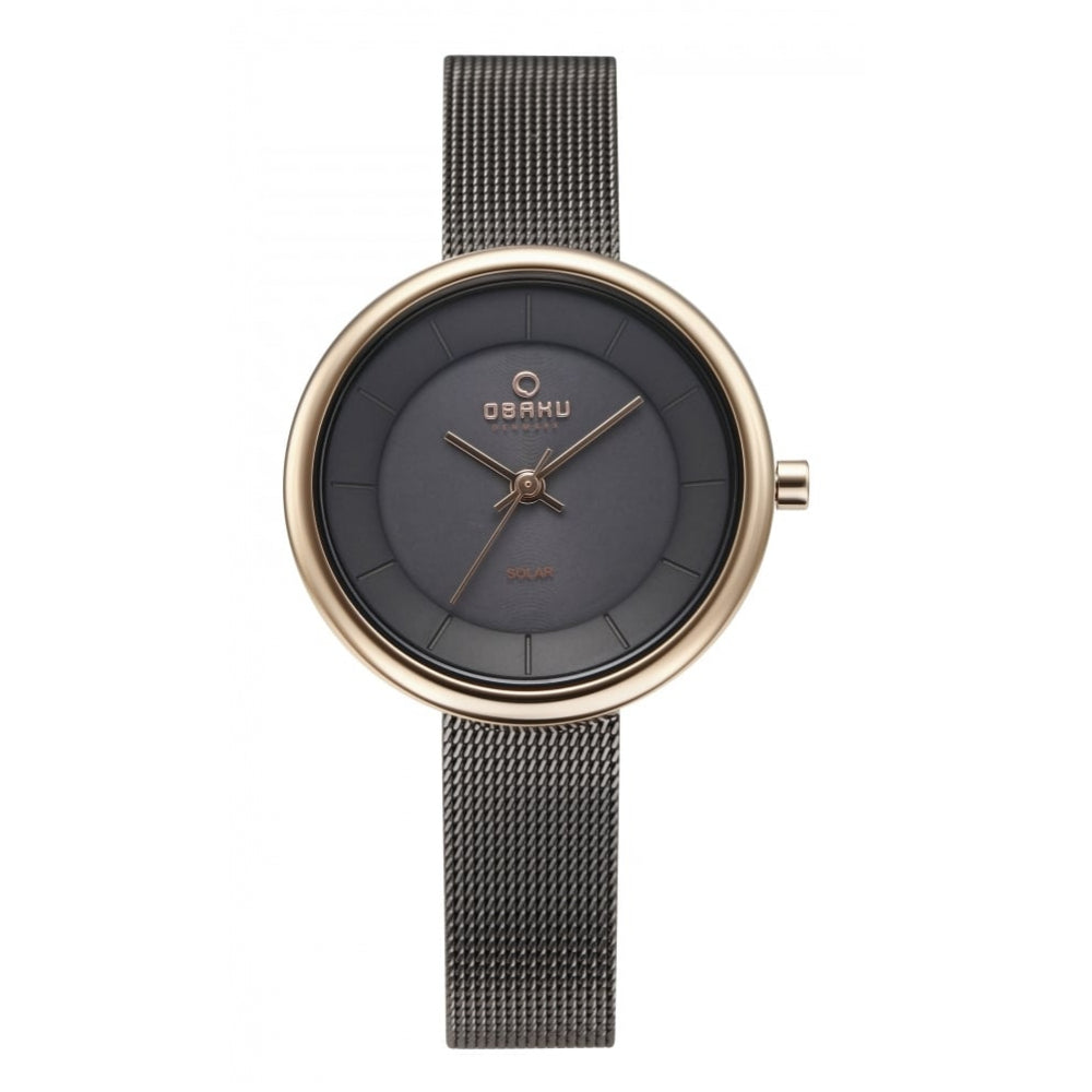 Rose Gold Plated Black Dial & Grey Mesh Bracelet Strap With Solar Power Ladies Watch