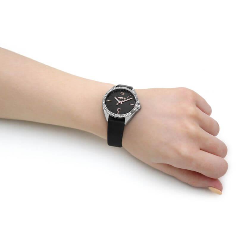 Felina Crystal Set Black Dial & Leather Strap Ladies Watch