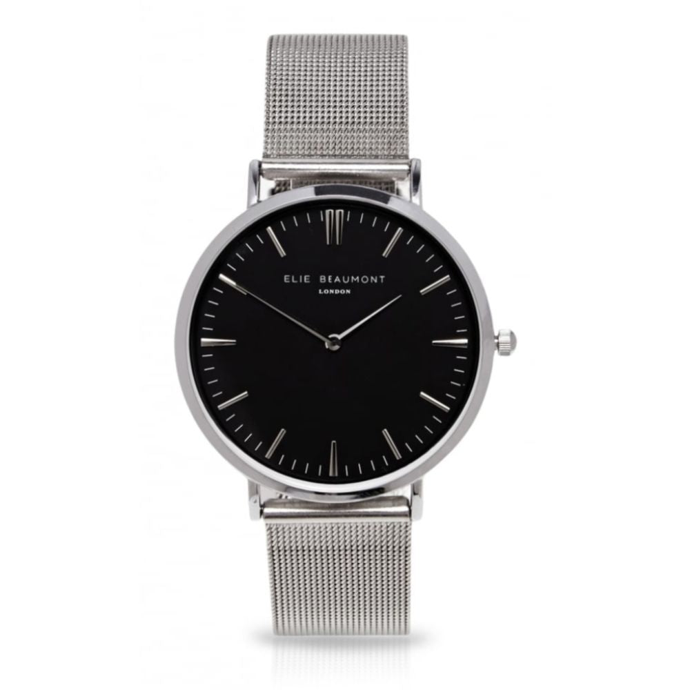 Chrome Plated Stainless Steel Mesh Watch with Black Face