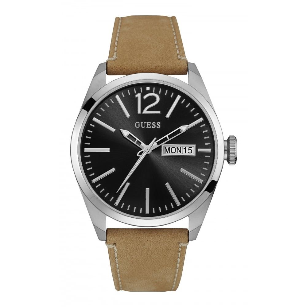 Gents Silver Circle Stainless Steel Dial Light Brown Strap Day/Date Watch