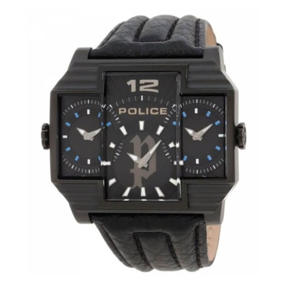 Black IP Steel Black 3 Dial & Black Leather Strap Hammerhead Gents Watch