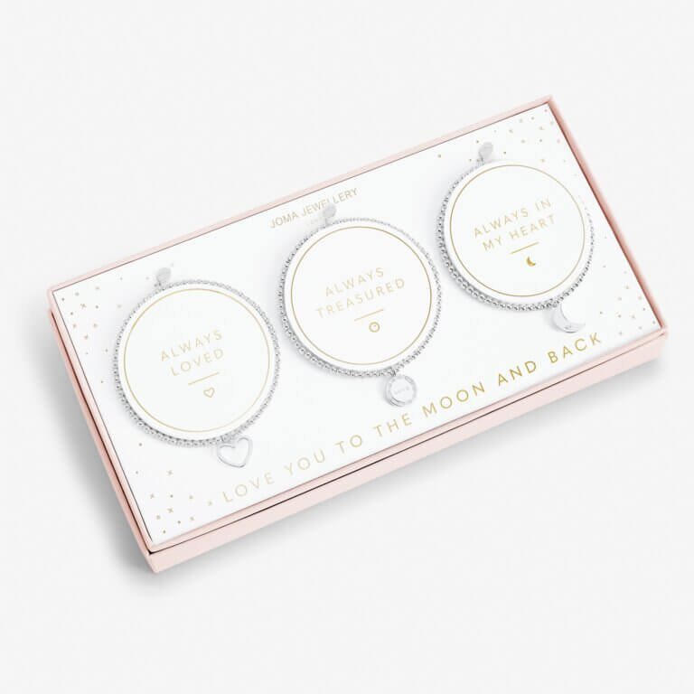 Celebration Set | Love You To The Moon And Back | Silver | Set Of 3 Bracelets | 17.5cm Stretch